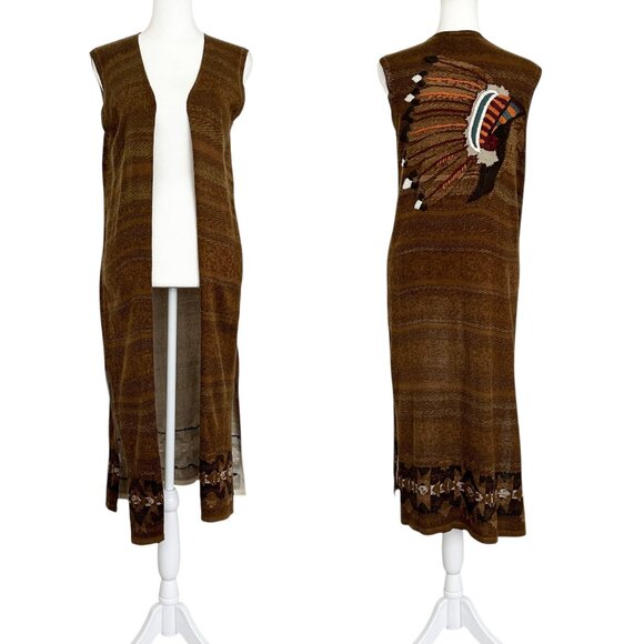 Double D Ranch Embroidered Native American Chief Western Cardigan Vest Duster S - Picture 15 of 15